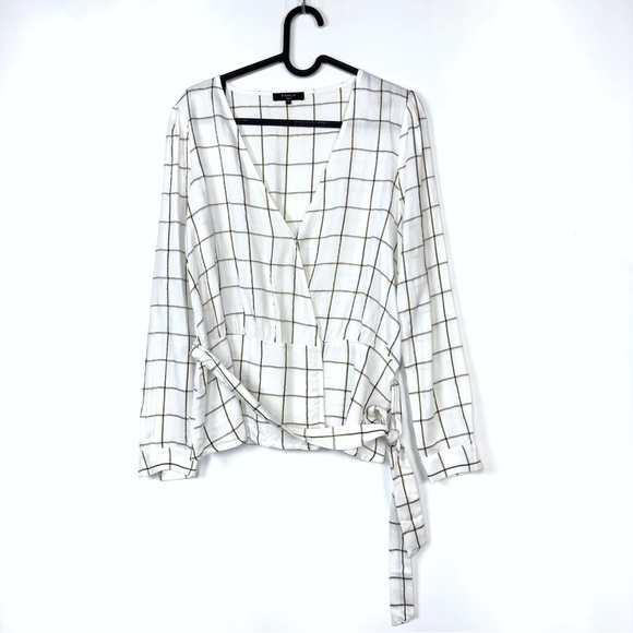 FRNCH Tops - FRNCH Women’s Window Pane Plaid Print Wrap Long Sleeves V- Neck Top White Size M